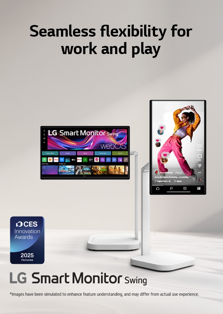 Two LG Smart Monitor Swing displays are shown in a minimalist space. One screen is positioned horizontally displaying the webOS interface, while the other is vertically oriented showing a lifestyle image. The CES Innovation Awards 2025 emblem is visible in the corner alongside the LG Smart Monitor Swing branding.