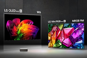LG True Wireless TV showcases its lineup with LG OLED evo AI W6 Wallpaper TV and LG Mini RGB evo AI MRGB9M True Wireless TV arranged around a central Zero Connect Box, each display delivering visually lossless picture quality.