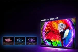 LG Micro RGB evo with Micro RGB Technology highlights advanced color expression with BT2020, DCI-P3, and Adobe RGB 100% certifications displayed, while a parrot fills the screen with lifelike color and intricate feather detail.