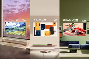 LG ART TV shows a lineup of LG OLED evo AI W6 Wallpaper TV, LG OLED evo AI G6, and LG Gallery TV with frame LX7 ART TV, each displaying artwork across varied interiors and integrating gallery-style aesthetics into home spaces.