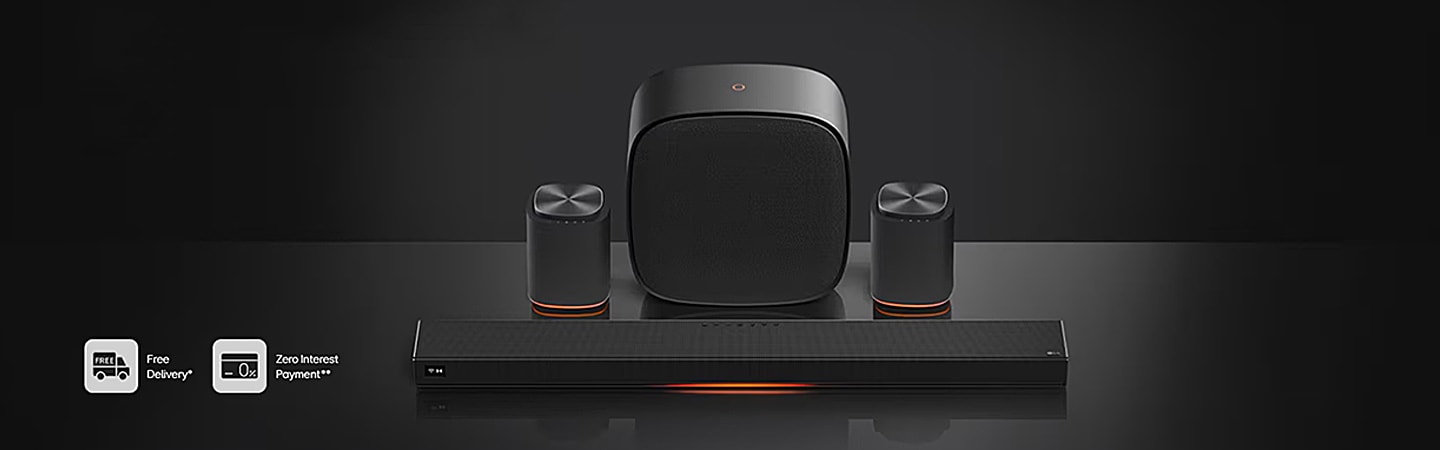 LG TV with Sound Suite presents speakers and a sleek soundbar in a dark setting, conveying immersive, high-quality home audio performance, with “Free Delivery” and “Zero Interest Payment” text visible below.