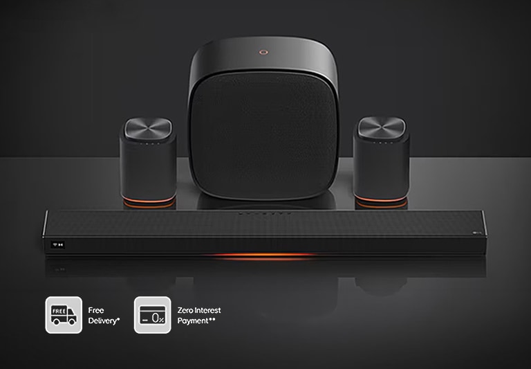 LG TV with Sound Suite presents speakers and a sleek soundbar in a dark setting, conveying immersive, high-quality home audio performance, with “Free Delivery” and “Zero Interest Payment” text visible below.