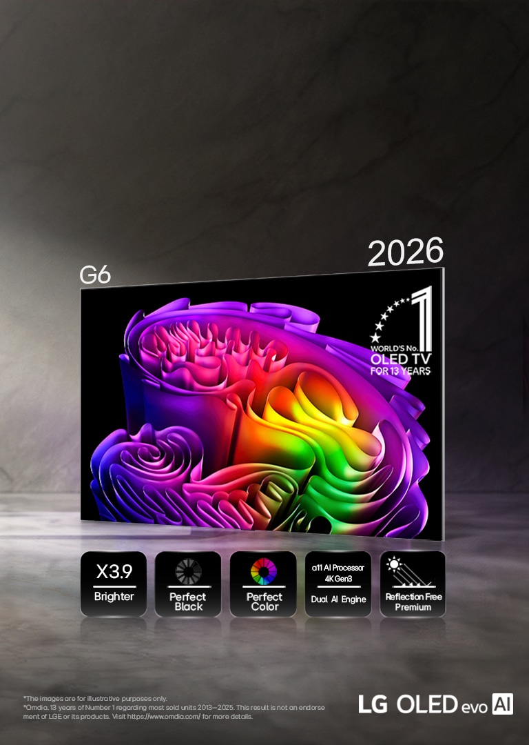 LG OLED evo AI G6, powered by Hyper Radiant Color Tech, displays a vivid abstract paper art image on screen with icons for X3.9 Brighter peak brightness, Perfect Black, Perfect Color, α11 AI Processor 4K Gen3 Dual AI Engine, and Reflection Free Premium.