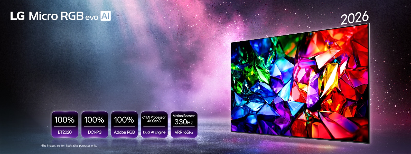 LG Micro RGB evo AI MRGB95, the new color evolution displays a vivid crystalline color image with sharp facets of red, green and blue. Featured by 100% color coverage of BT2020, DCI-P3 and Adobe RGB, alpha 11 AI Processor 4K Gen3 Dual Engine and Motion Booster 330Hz with VRR 165Hz.