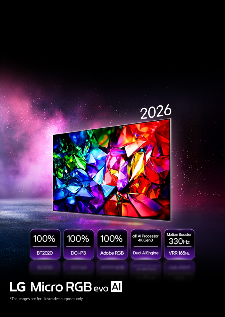 LG Micro RGB evo AI MRGB95, the new color evolution displays a vivid crystalline color image with sharp facets of red, green and blue. Featured by 100% color coverage of BT2020, DCI-P3 and Adobe RGB, alpha 11 AI Processor 4K Gen3 Dual Engine and Motion Booster 330Hz with VRR 165Hz.