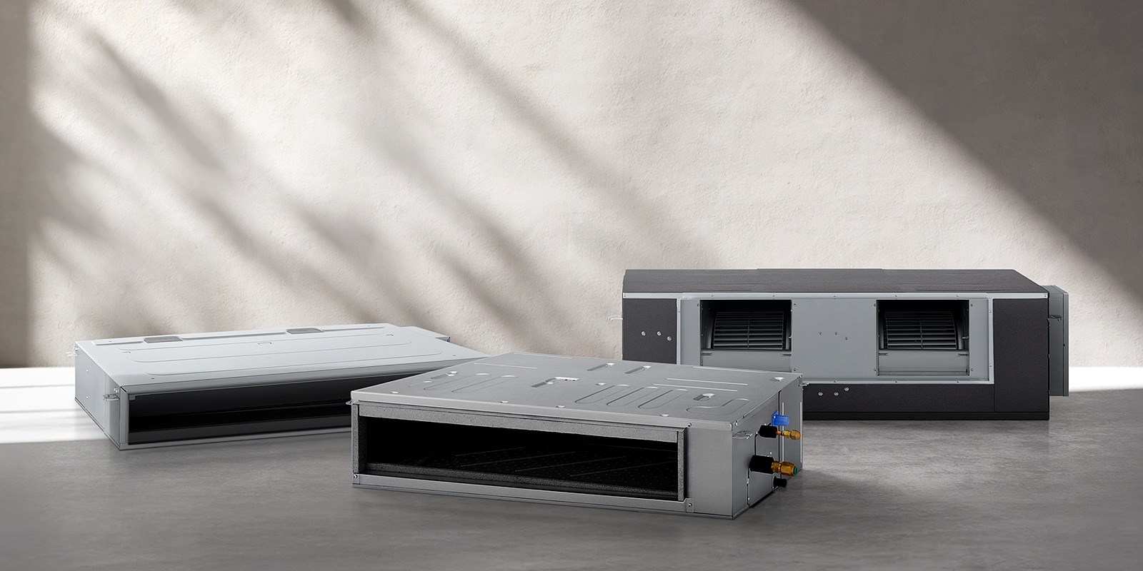 A lineup of LG Ceiling Concealed Ducted Units is displayed in a minimal interior setting with soft natural light.