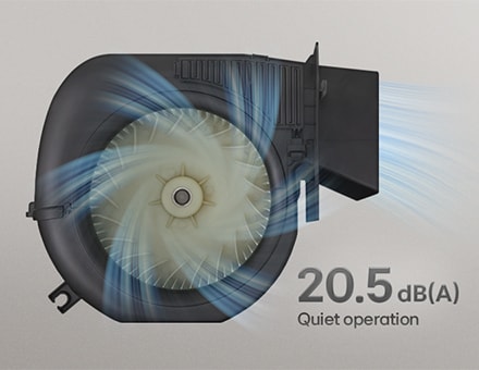 A motor achieving quiet 20.5 dB operation, with incoming and outgoing airflow illustrated by blue motion lines.