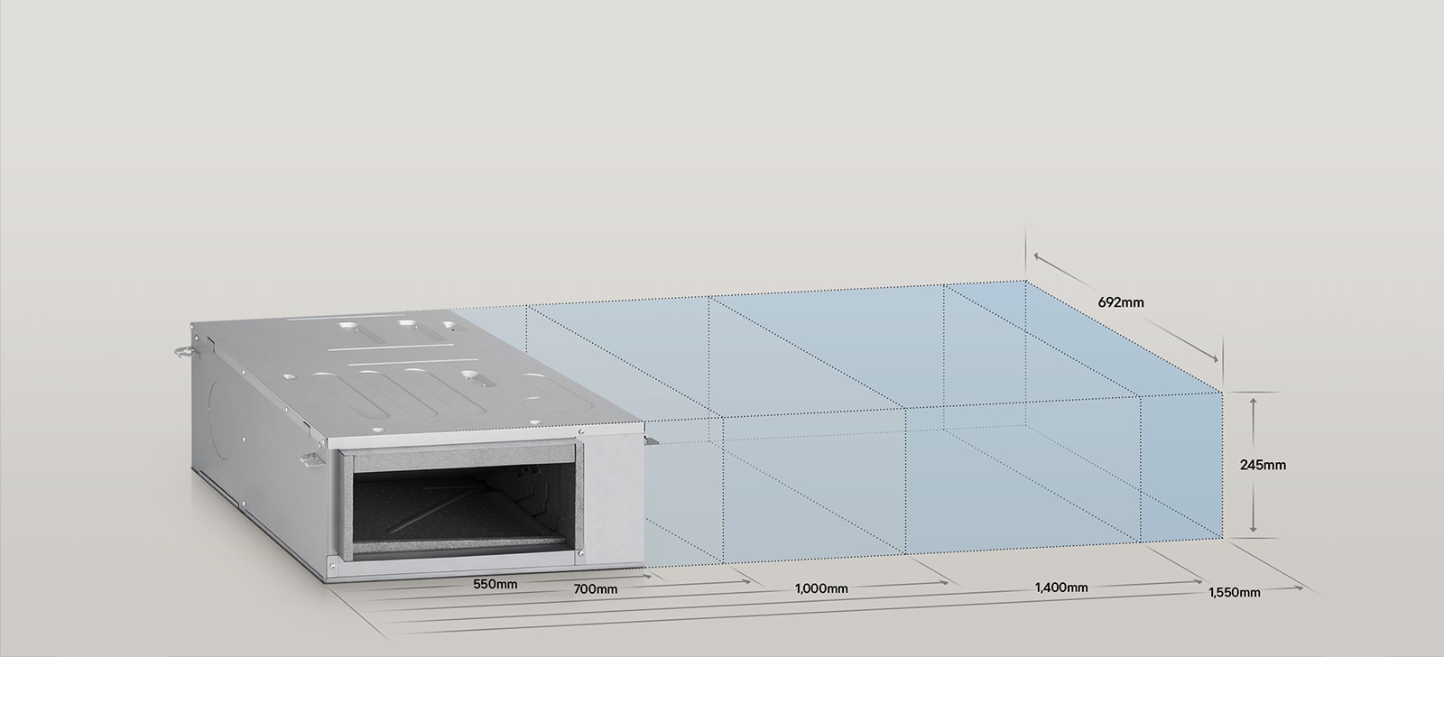 A rectangular Ceiling Concealed Ducted Unit unit showing its dimensions, 692mm in depth and 245mm in height.