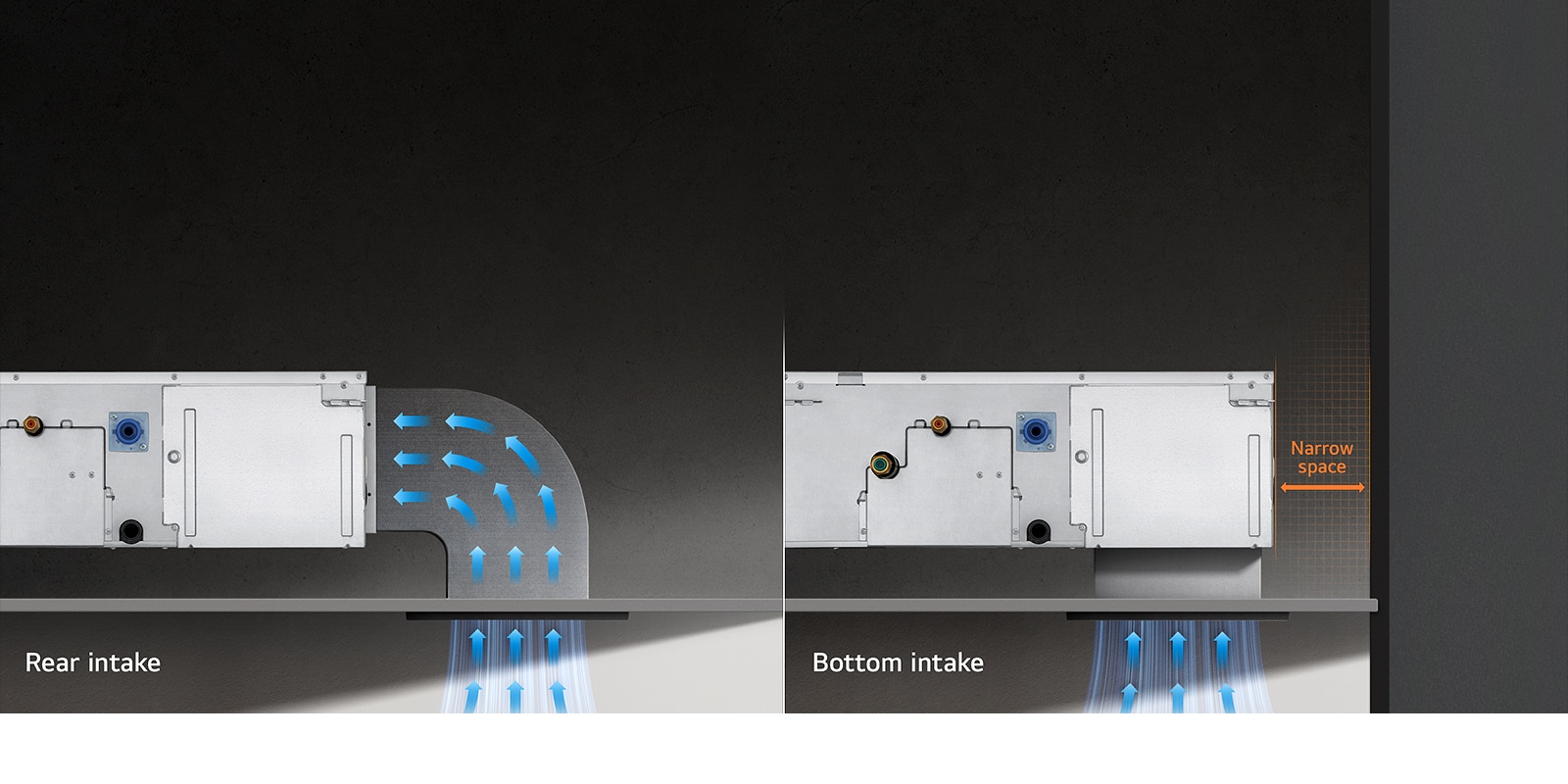 An image showing a ducted unit with rear and bottom air intakes for flexible installation in narrow spaces.