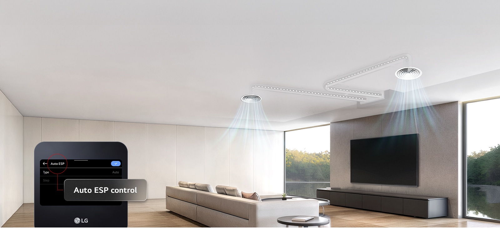 Living room with static ducted unit ceiling vents and airflow, plus remote controller display.