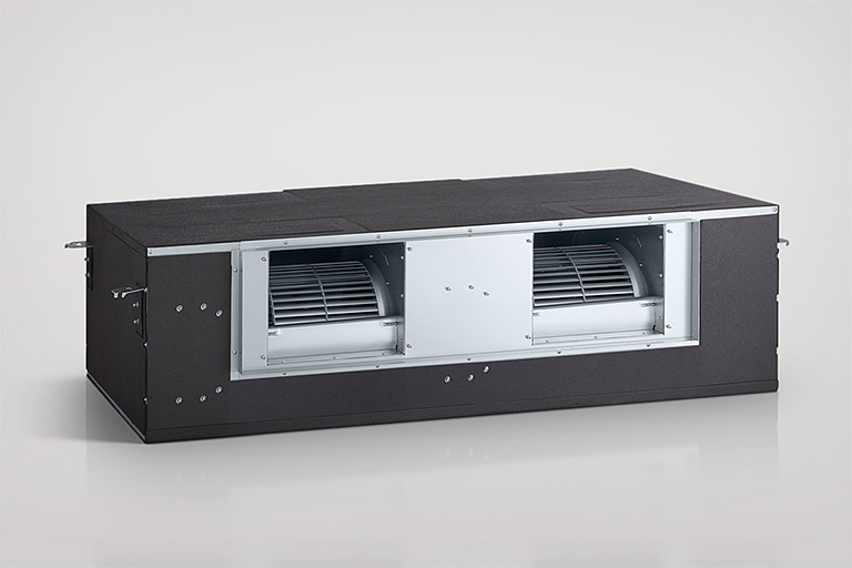 It is a high static ducted unit shown against a gray background.