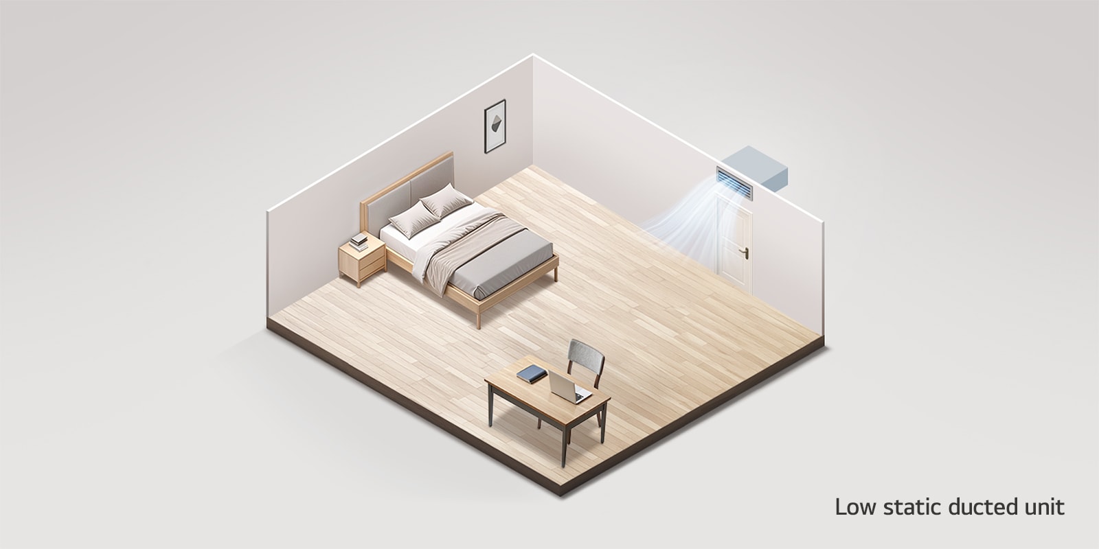 A video showing airflow from a low static ducted unit in a small room, a mid static ducted unit in a home, and a high static ducted unit in an office.