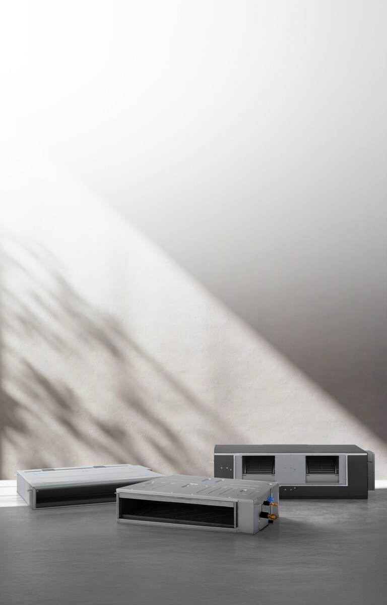 A lineup of LG Ceiling Concealed Ducted Units is displayed in a minimal interior setting with soft natural light.