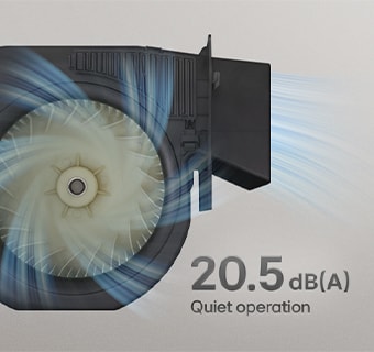 A motor achieving quiet 20.5 dB operation, with incoming and outgoing airflow illustrated by blue motion lines.