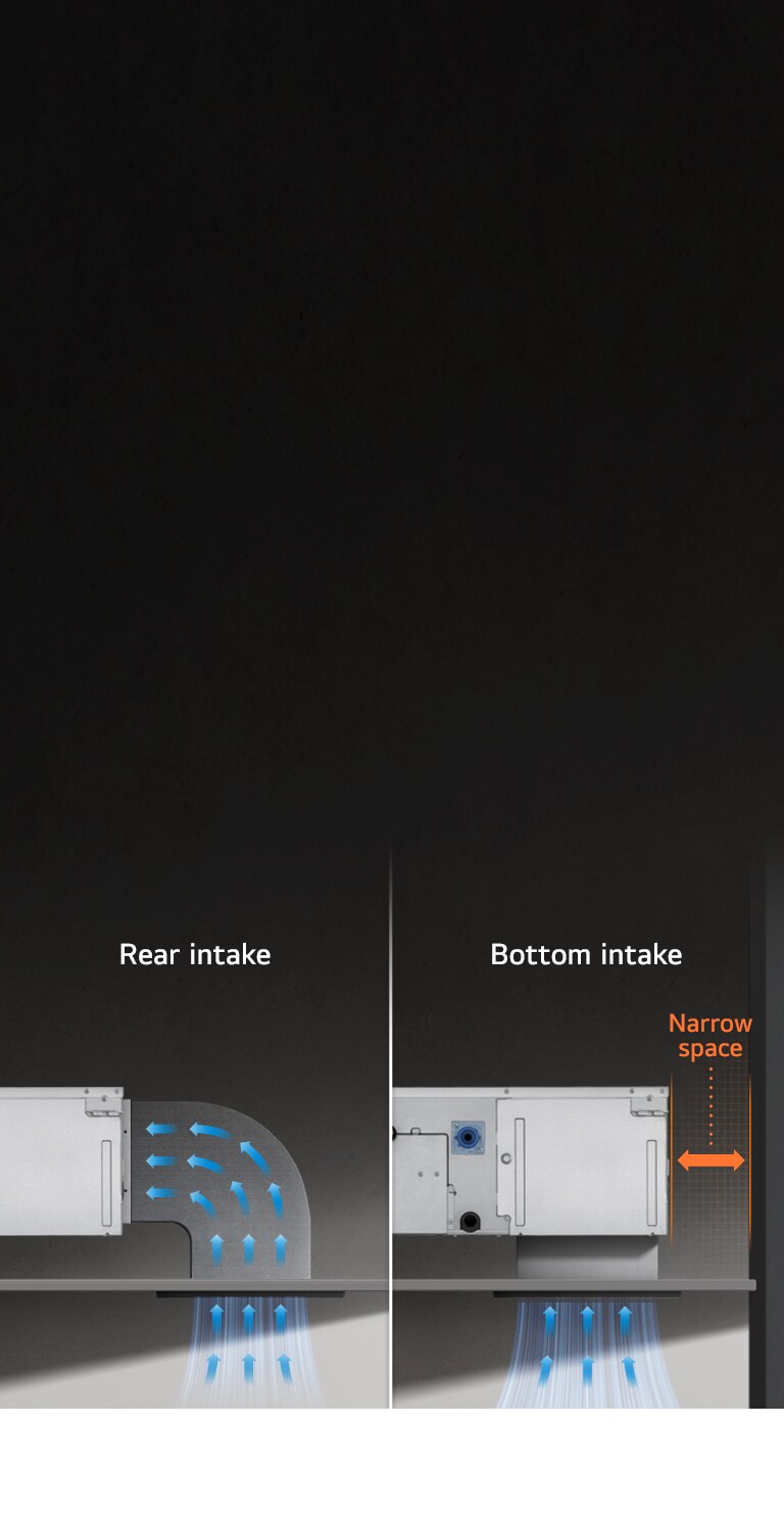 An image showing a ducted unit with rear and bottom air intakes for flexible installation in narrow spaces.