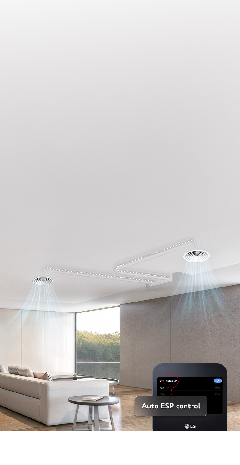 Living room with static ducted unit ceiling vents and airflow, plus remote controller display.
