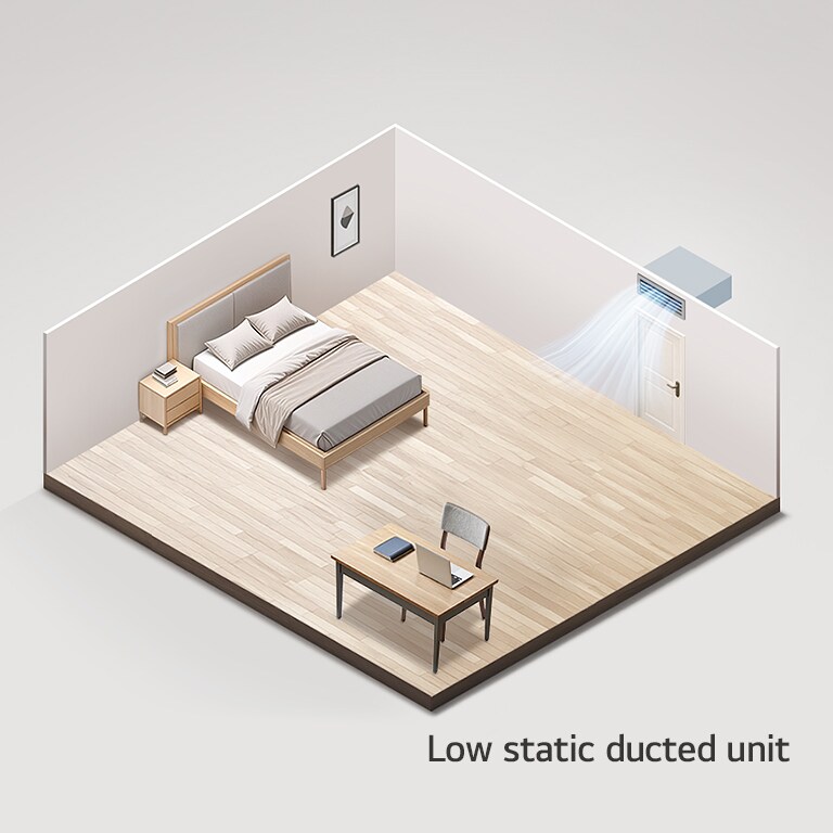 A video showing airflow from a low static ducted unit in a small room, a mid static ducted unit in a home, and a high static ducted unit in an office.