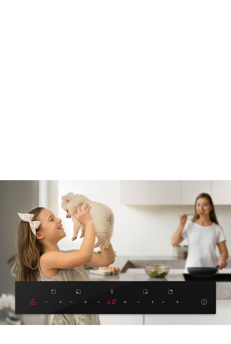 A child plays with a puppy in the foreground with a mother in the background tasting food from the cooktop. An image of the cooktop panel is shown at the bottom.
