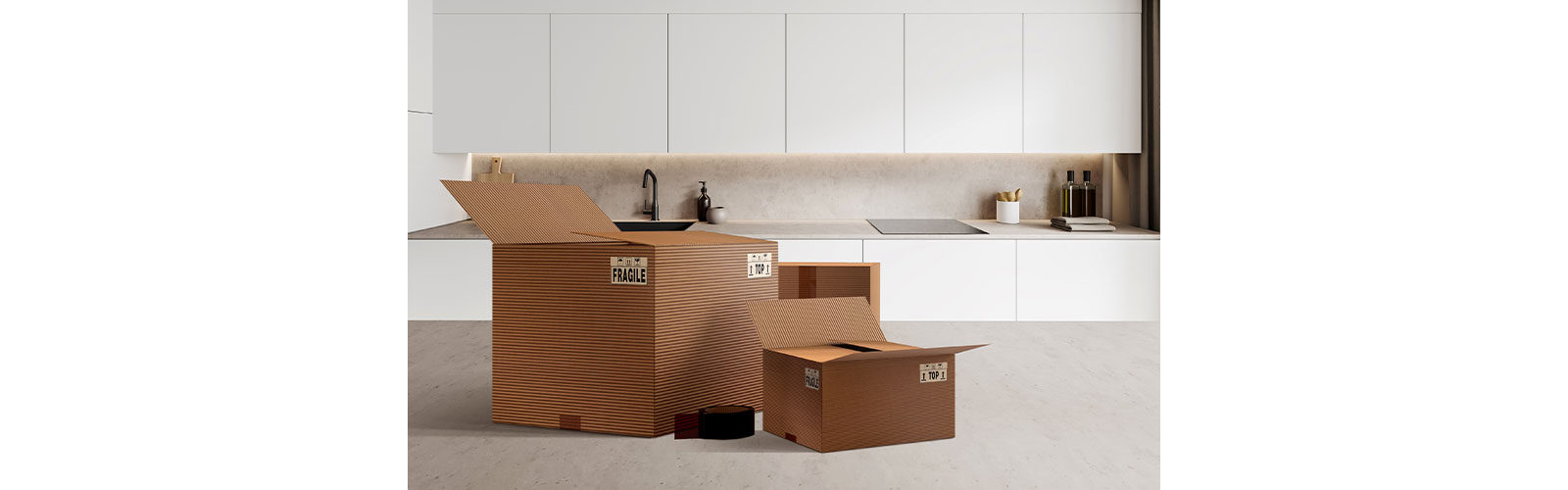 This is an image of boxes on the kitchen table.
