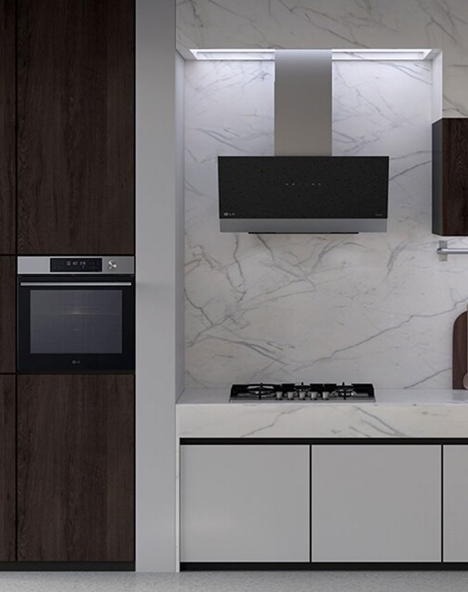 This is a kitchen image with LG built-in oven, hood, and gas hob installed.
