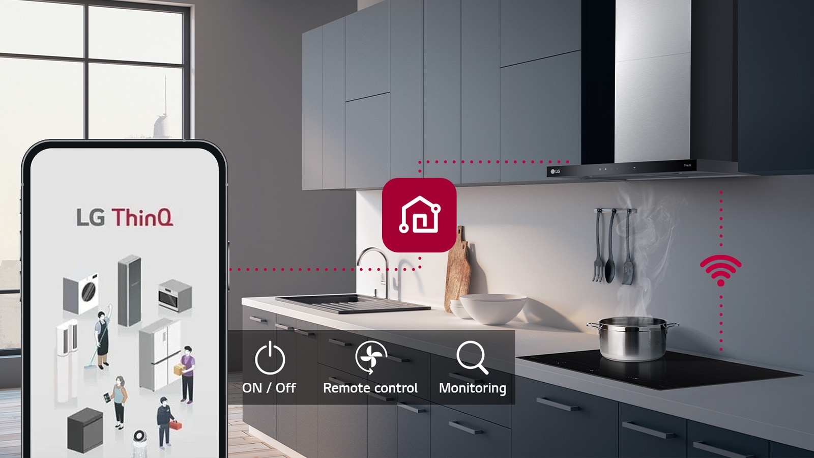 An image of the hood and a smartphone connected through ThinQ. There is an icon that expresses the functions of ThinQ, On/off,  Remote control, monitoring.