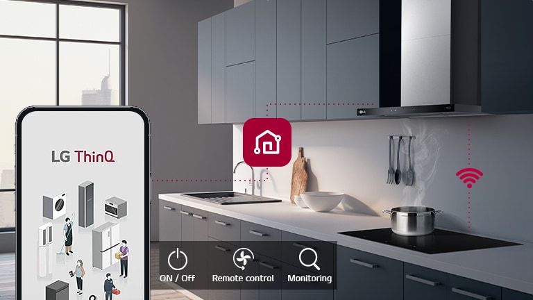 An image of the hood and a smartphone connected through ThinQ. There is an icon that expresses the functions of ThinQ, On/off,  Remote control, monitoring.