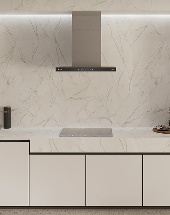 This is an image of the kitchen interior with an LG built-in oven, hood, and Induction hob installed.