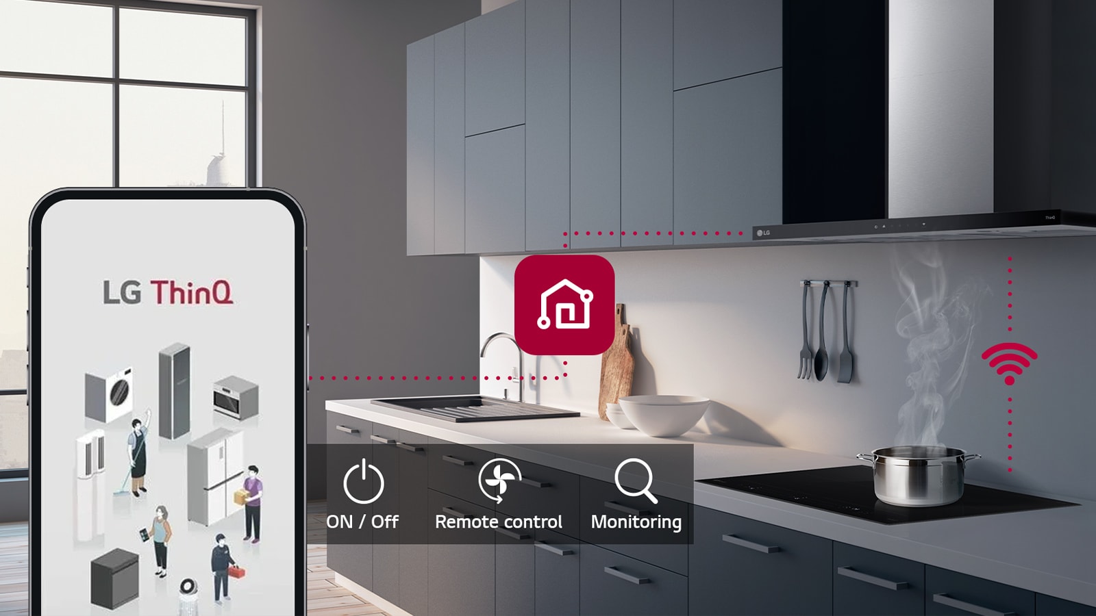 An image of the hood and a smartphone connected through ThinQ. There is an icon that expresses the functions of ThinQ, On/off,  Remote control, monitoring.