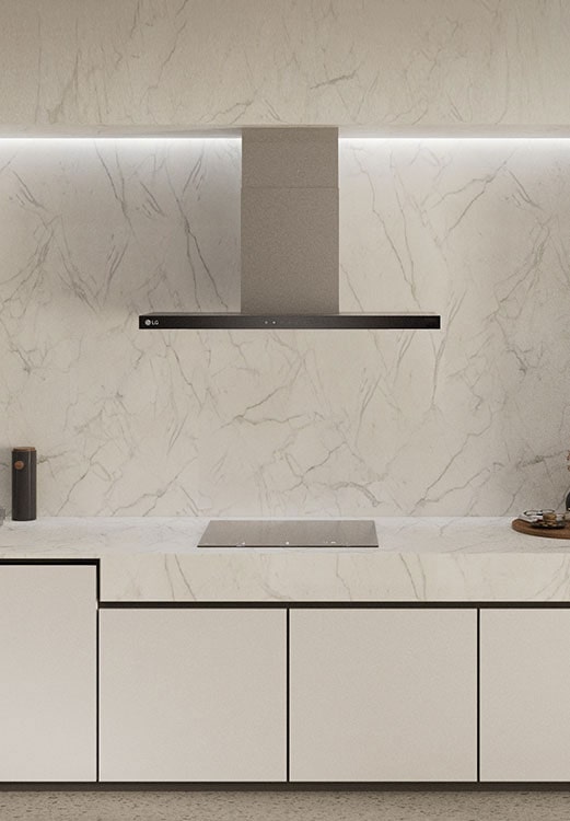 This is an image of the kitchen interior with an LG built-in oven, hood, and Induction hob installed.