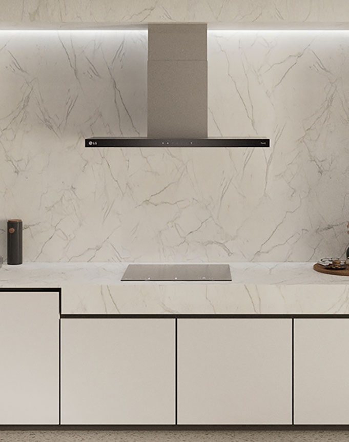 This is an image of the kitchen interior with an LG built-in oven, hood, and Induction hob installed.