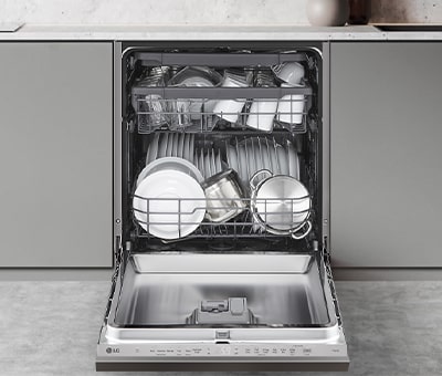 Displays the spacious design of the LG built-in Dishwasher, accommodating a variety of dishes