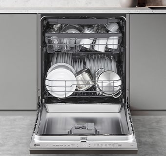 Displays the spacious design of the LG built-in Dishwasher, accommodating a variety of dishes