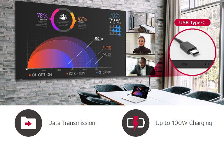 A laptop is connected to the 105BM5N in a meeting room. The 105BM5N supports USB Type-C, allowing simultaneous data transfer and charging through a single cable, promoting a seamless meeting environment.