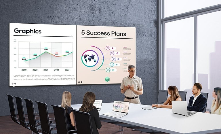 The screens of meeting participants are wirelessly shared on the 105BM5N widescreen, allowing multiple people to share their materials simultaneously on a single screen without any cable interference.