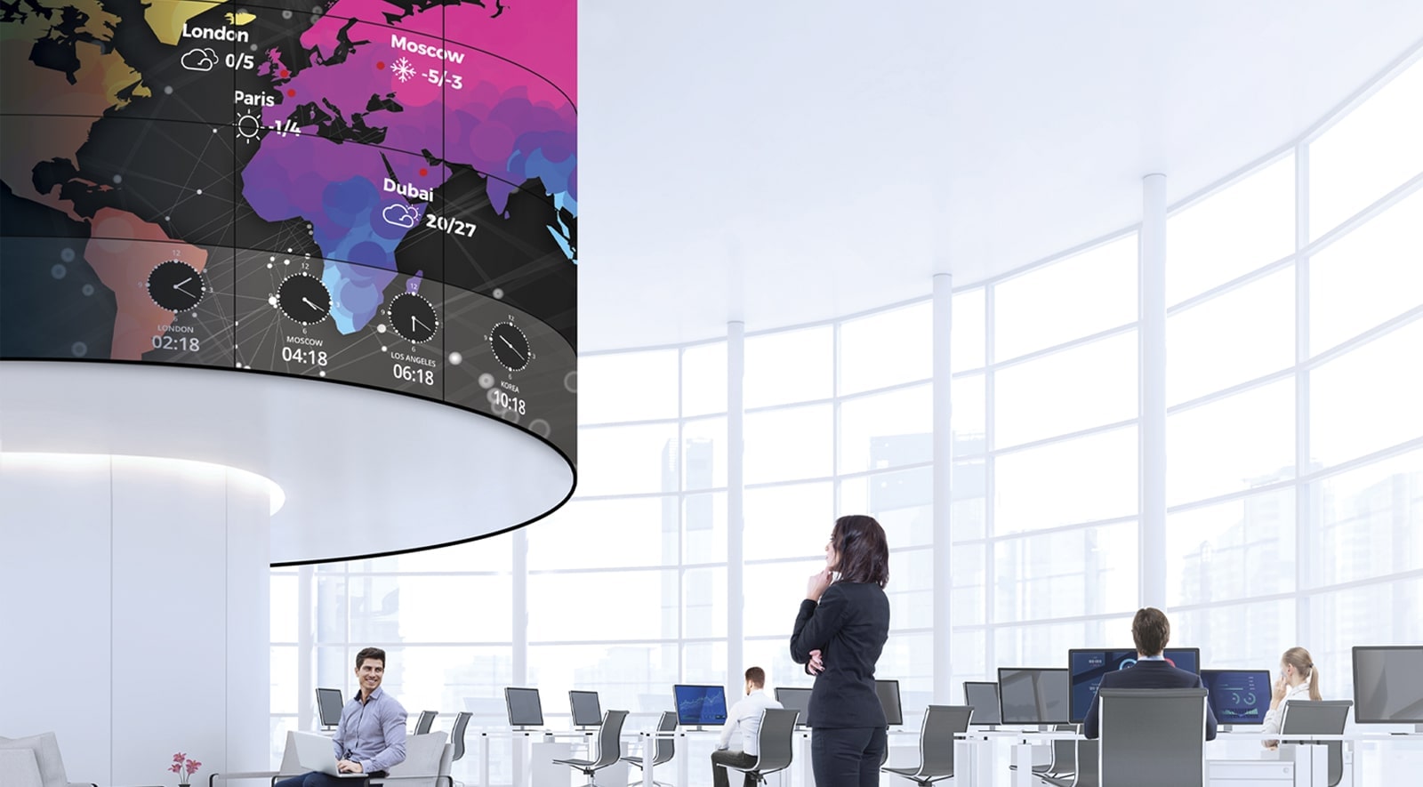 The woman is looking at the weather and time information displayed on the curved screen.