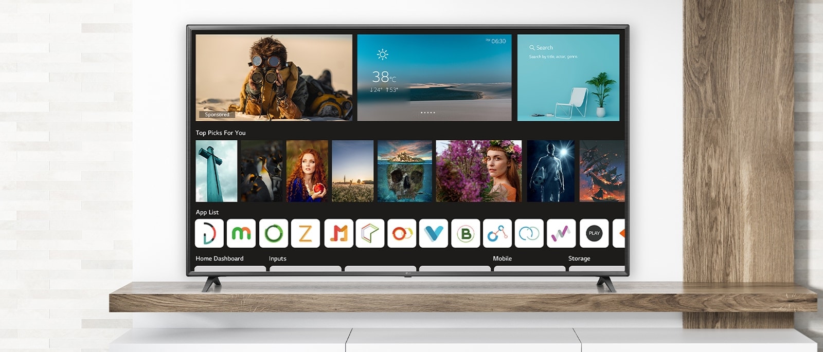 The TV is displaying a home screen with various contents.