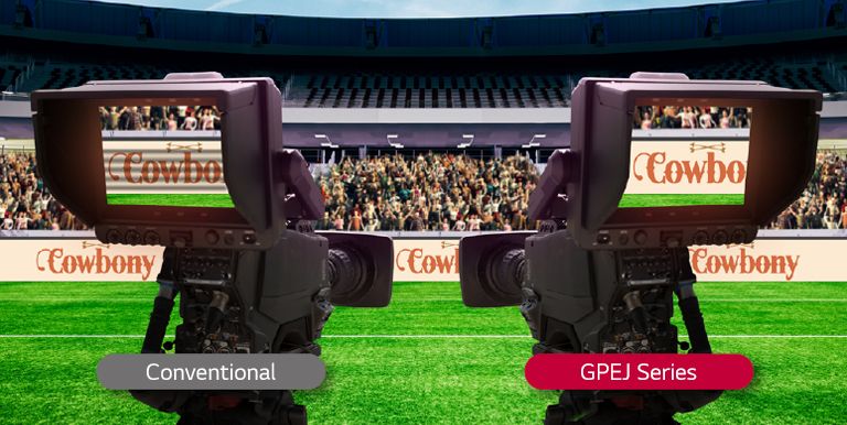 The LED screen installed on the stadium's field is being filmed with camera. Although the content is identical, the conventional screen shows black bars while the GPEJ series is clearly visible just like the original screen.