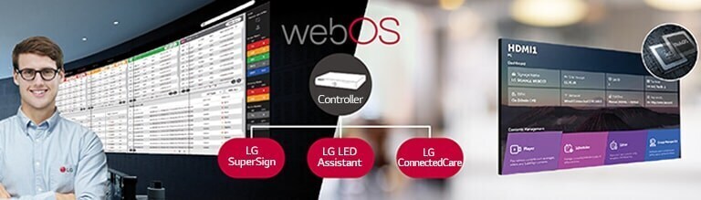 The LG employee is remotely monitoring the GSCD series installed in a different place by using a cloud-based LG monitoring solution. System controller with web OS enables GSCD series to be compatible with LG software solutions.