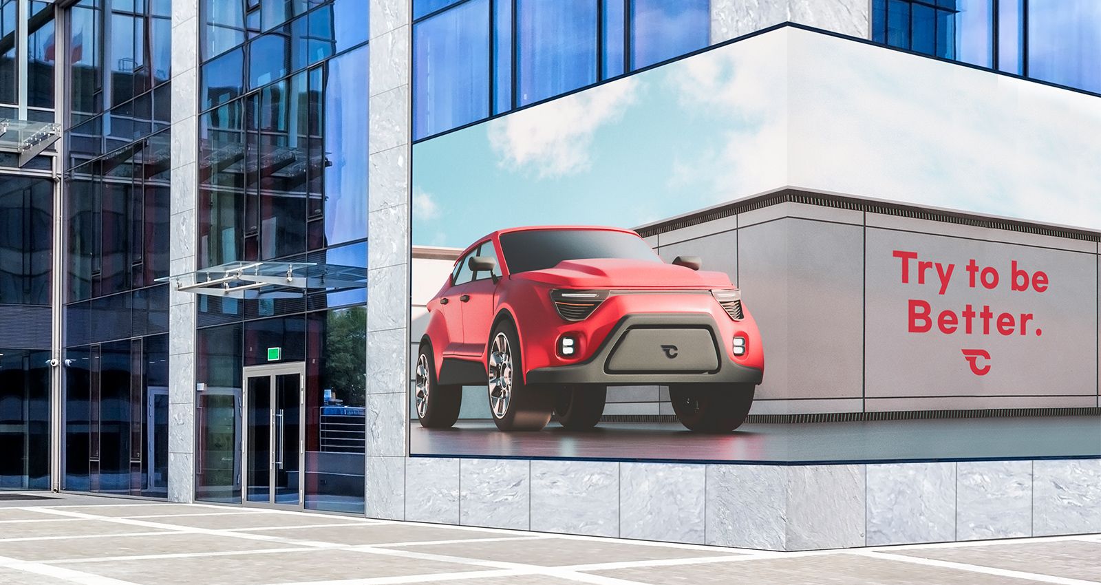 The LED screen is positioned at eye level near the bottom of the building, spanning two sides. Despite being installed across a corner, it displays content vividly without interruptions.