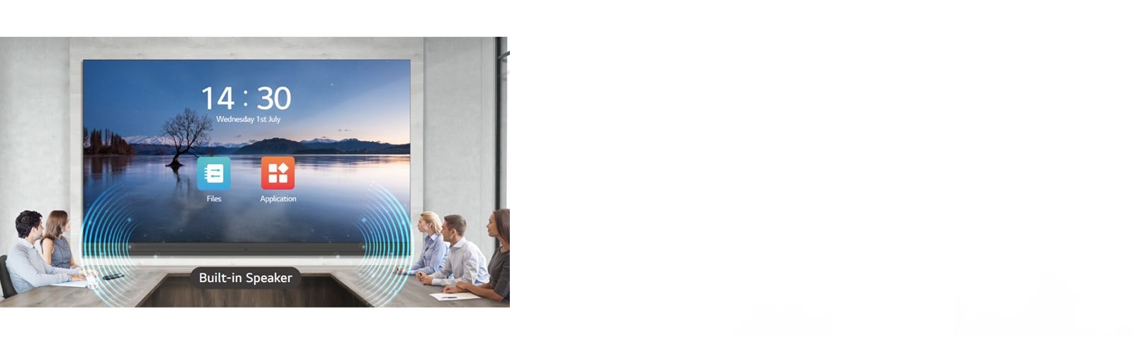 People have a meeting while watching the display and listening sound with the built-in speakers of LABA series, installed in the meeting room.