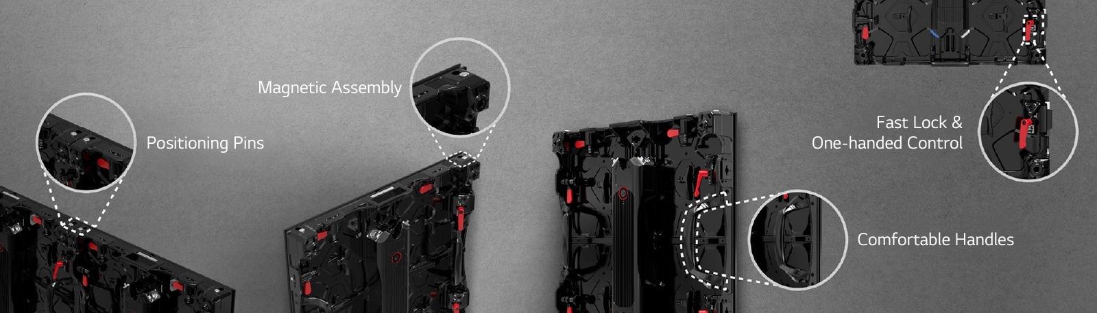 The 'Positioning Pins', 'Magnetic Assembly', 'Comfortable Handles', and 'Fast Lock & One-Handed Control' parts in the cabinet are enlarged.