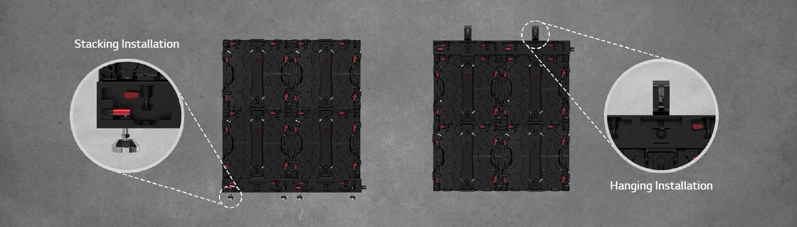 The part where the cabinet can be installed either as stacking or hanging is enlarged and shown.