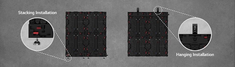 The part where the cabinet can be installed either as stacking or hanging is enlarged and shown.