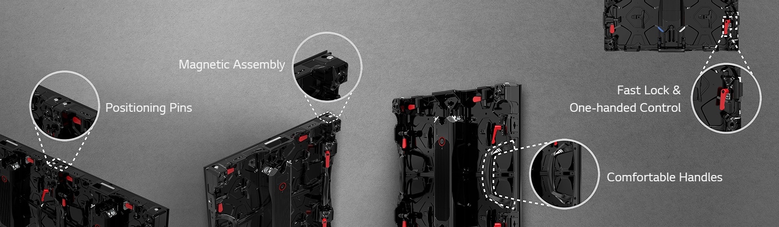 The 'Positioning Pins', 'Magnetic Assembly', 'Comfortable Handles', and 'Fast Lock & One-Handed Control' parts in the cabinet are enlarged.