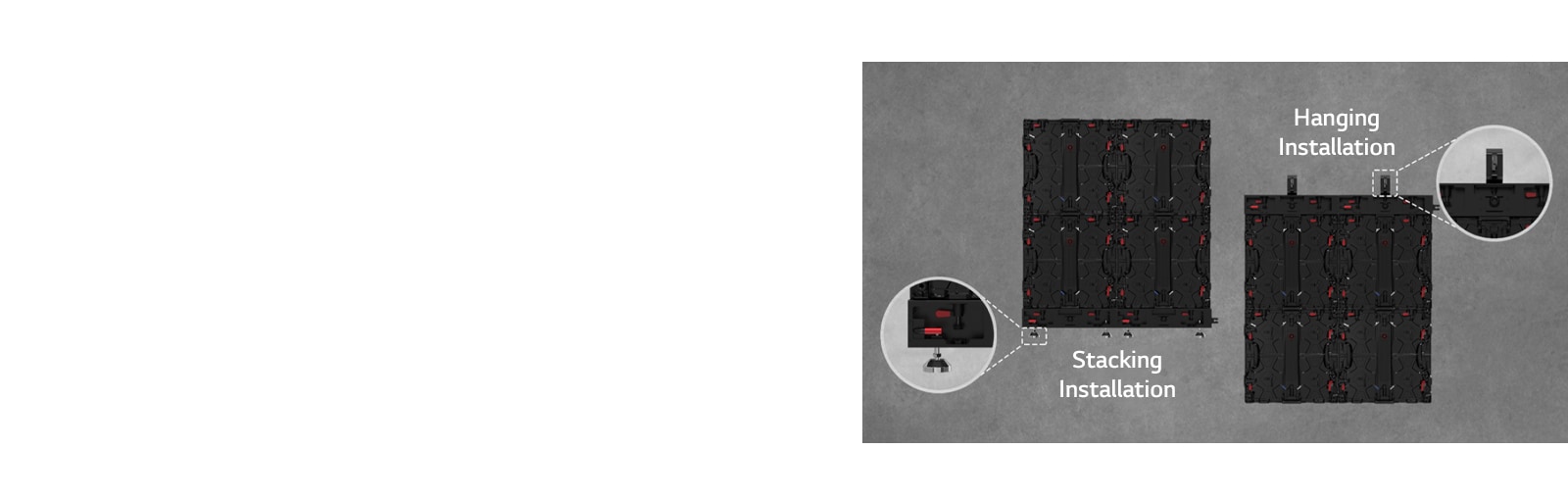 The part where the cabinet can be installed either as stacking or hanging is enlarged and shown.