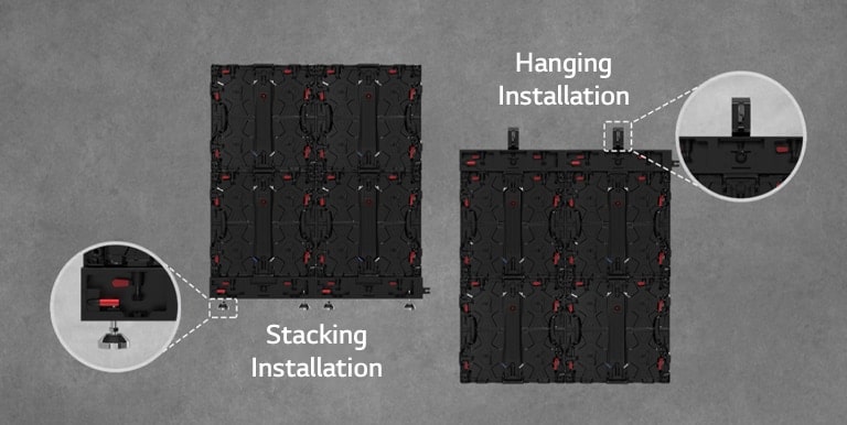 The part where the cabinet can be installed either as stacking or hanging is enlarged and shown.