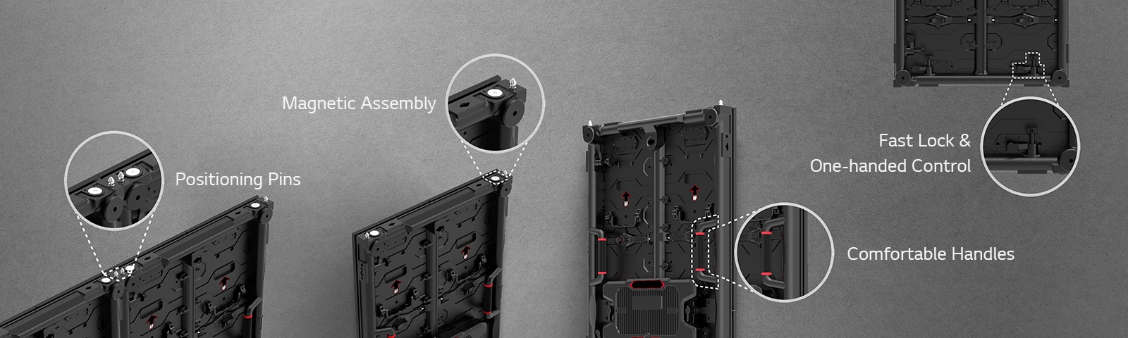 The 'Positioning Pins', 'Magnetic Assembly', 'Comfortable Handles', and 'Fast Lock & One-Handed Control' parts in the cabinet are enlarged.
