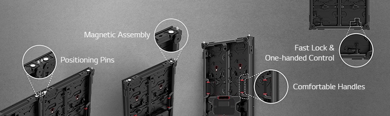 The 'Positioning Pins', 'Magnetic Assembly', 'Comfortable Handles', and 'Fast Lock & One-Handed Control' parts in the cabinet are enlarged.
