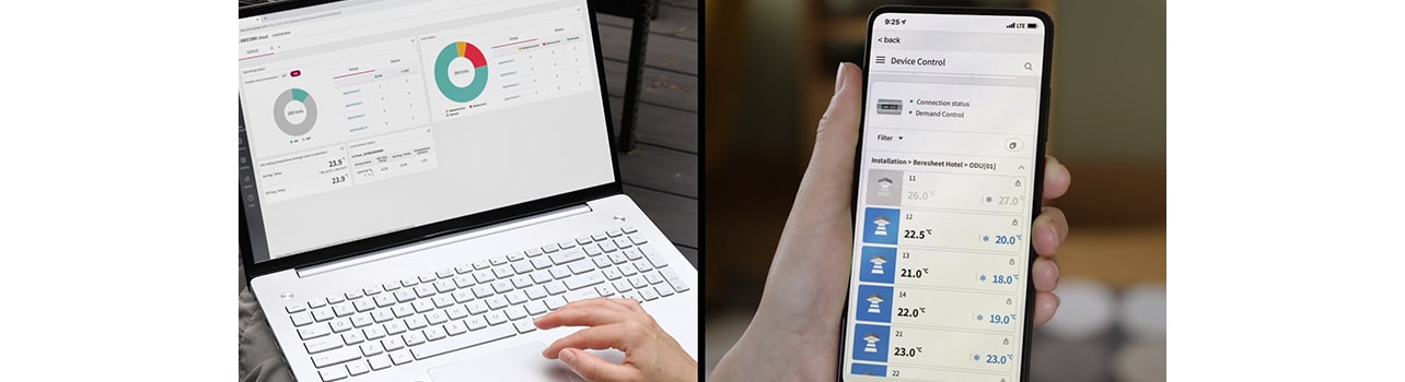 Left: Remotely controlling air conditioners on an laptop Right: Remotely controlling air conditioners on a phone
