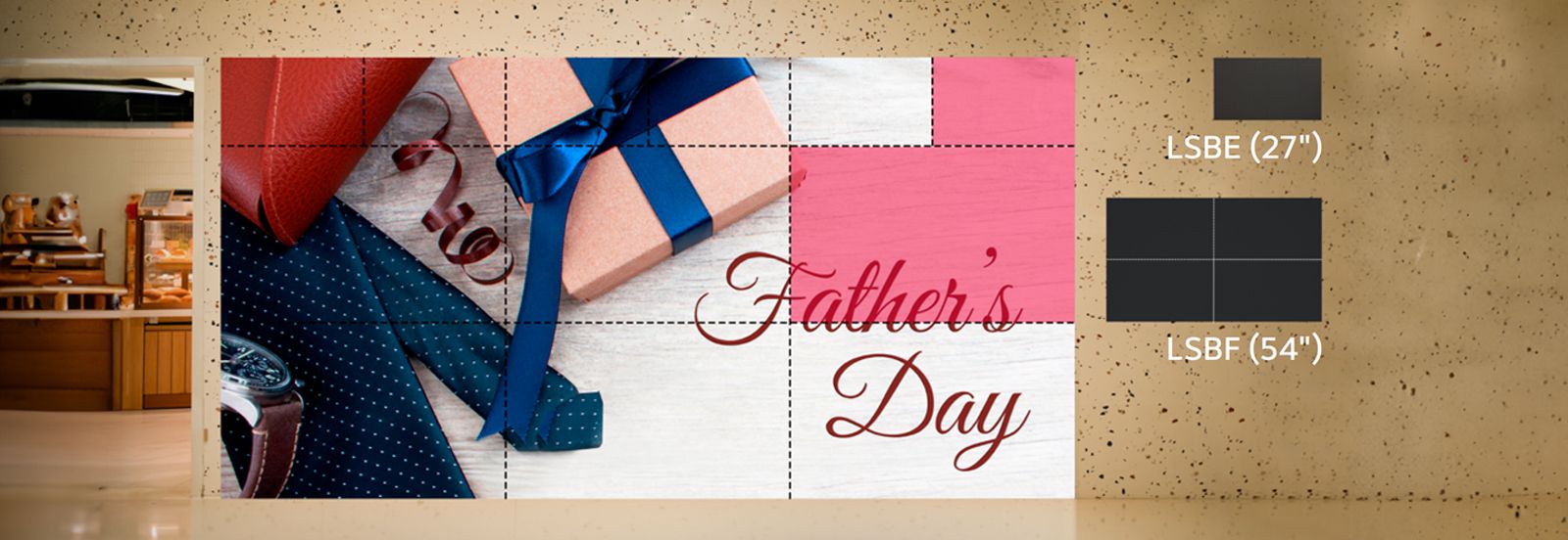 The 27" LSBE and the 54" LSBF are compatible and installed on the shopping mall wall in appropriate sizes.